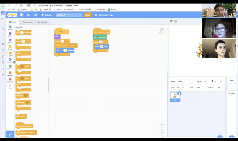 YPP online class: instructor and students on video chat while sharing a Scratch coding project in the browser.
