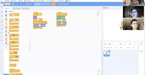 YPP online class: teacher and students on video chat while sharing a Scratch coding project in the browser.